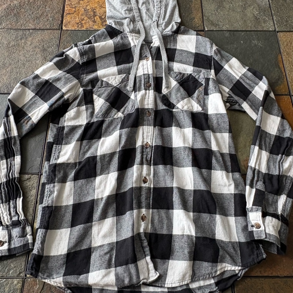 Black and White Buffalo Plaid Hooded Button-Up Shirt